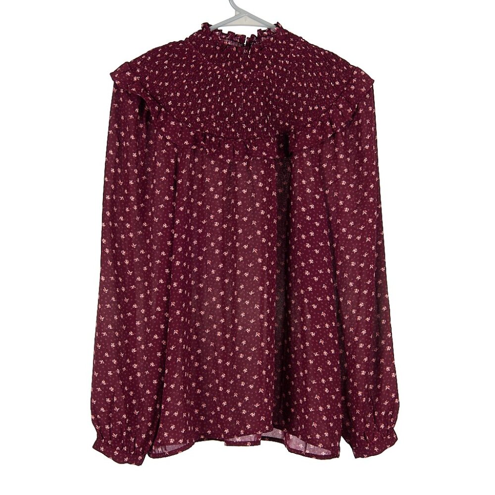 LOFT Ruffle Smocked Long Sleeve Yoke Blouse Women's Small NWT - Picture 2 of 9
